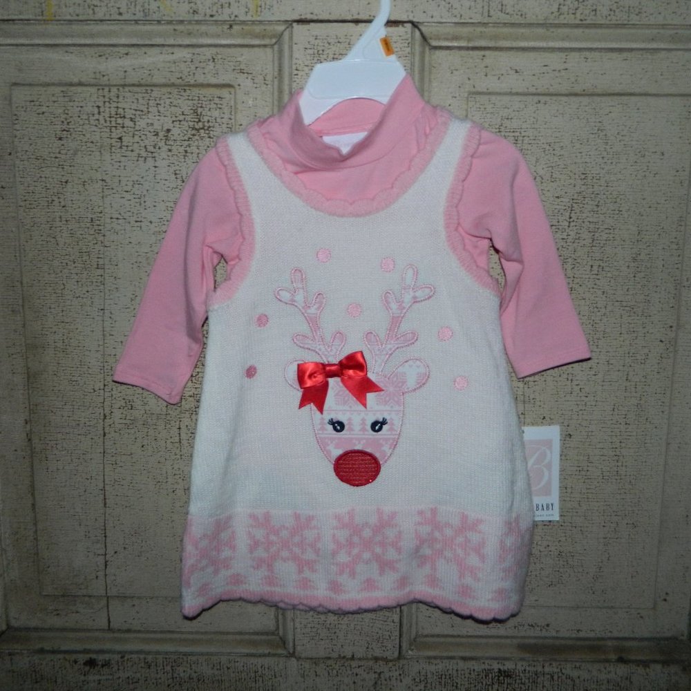 Bonnie Jean Toddler Deer Sweater Dress Sz 12 M  (I-40)